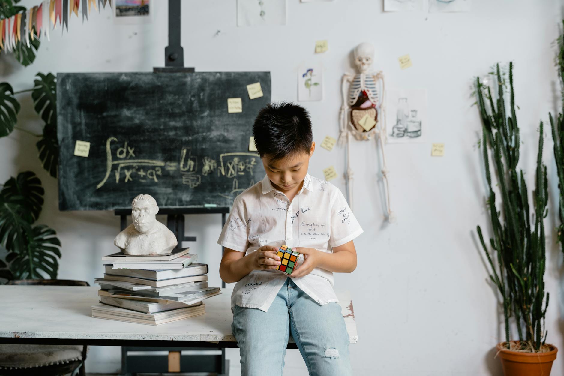 a boy sitting on the table solving a rubik s cube